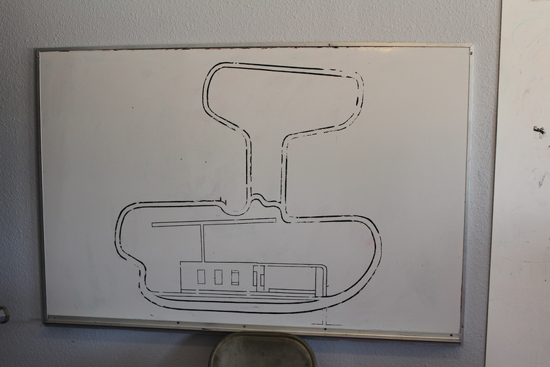 The old dry erase board track diagram in the registration room.